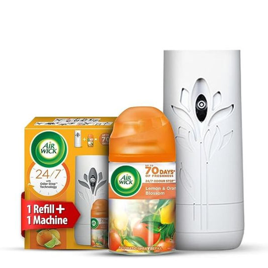 Air Wick Lemon & Orange Blossom Refill + Automatic Spray - 250 ml - Freshmatic Air Freshener Kit | 2600 Sprays Guaranteed |Automatic Room Freshener, Bathroom Freshener and Room Spray