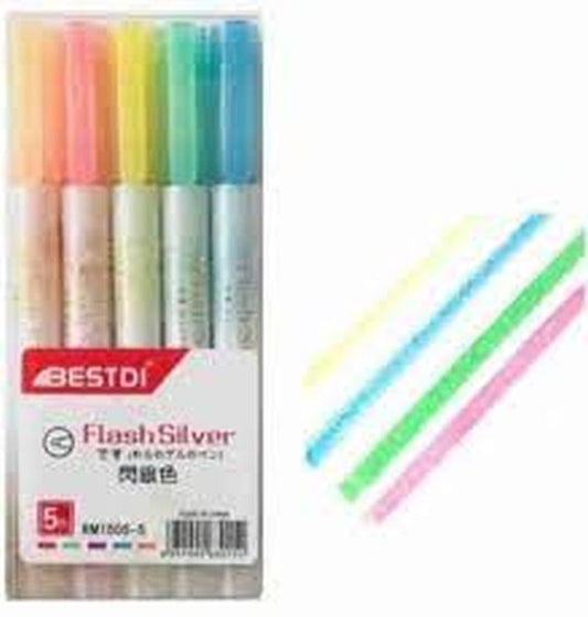 Flash Silver Outline Marker/Highlighter ( Pack of 5) (Set of 5, Multicolor)