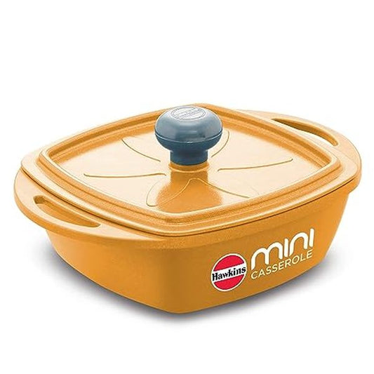 Hawkins 0.75 Litre Mini Casserole with Lid, Square Series Die-Cast pan for Cooking, Reheating, Serving and Storing, Yellow (MCSY75)