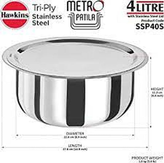 Hawkins 4 Litre Metro Patila, Triply Stainless Steel Tope with Stainless Steel Lid, Induction Bhagona, Tapeli, Silver (SSP40S)