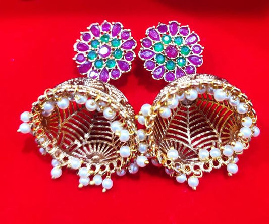 Fashion Frill Women's Jewellery Earrings For Women Traditional Gold Plated Floral Golden Pink Jhumkas Pearl Studded Drop Earrings For Women Gift For Sister MULTICOLOR