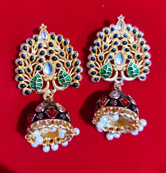 Latest Stylish Traditional Jhumki Earrings for Women & Girls golden and green MULTICOLOR