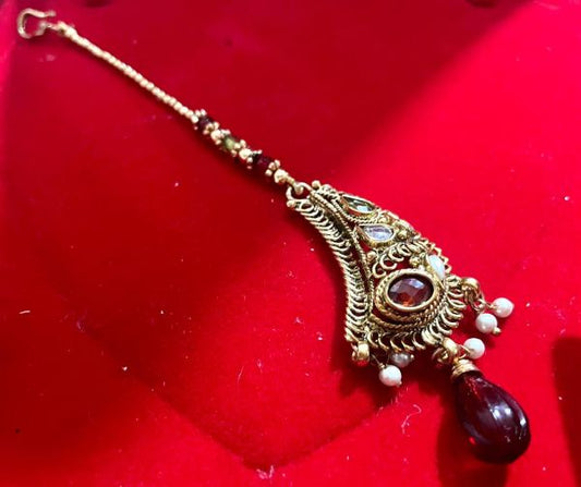 Mehroon Colour Gold Finish Stunning Maang Tikka Hair Jewellery