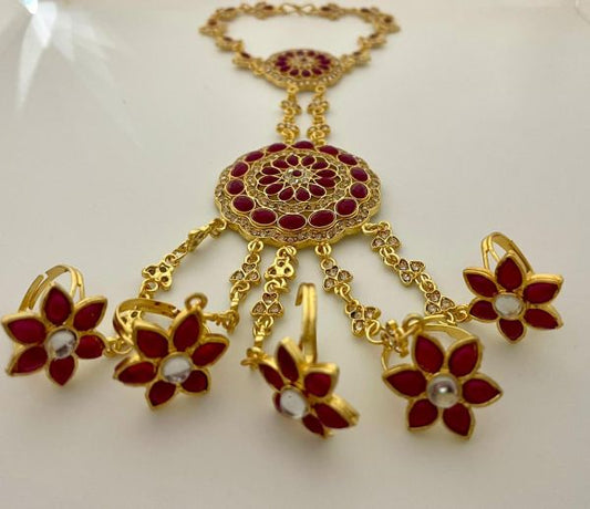 Gold plated Kundan Red Crystal Ethnic Traditional hathphool hathpanja ring bracelet jewellery Women