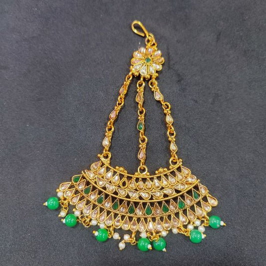 Gold Plated Traditional Kundan Green Pearl Studded Passa For Women