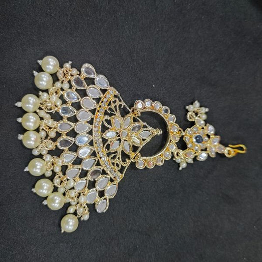 Gold Plated Traditional White Kundan Pearl Studded Passa For Women