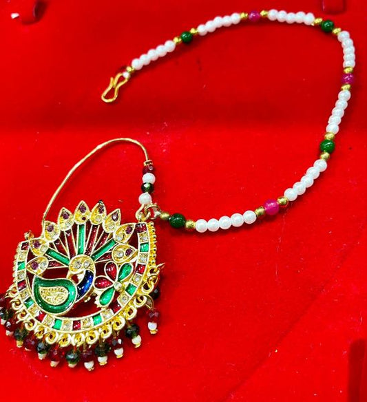 Gold Plated with Pearl Alloy and Artificial stone Nath Nathiya./ Nose Pin Multicolor Peacock