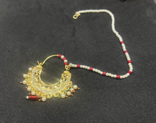 Gold Plated with Pearl Alloy and Artificial stone Nath Nathiya./ Nose Pin Red White Pearl