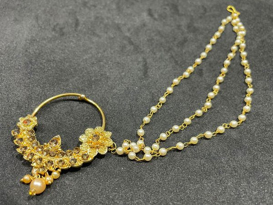 Gold Plated with Pearl Alloy and Artificial stone Nath Nathiya./ Nose Pin sawree creation