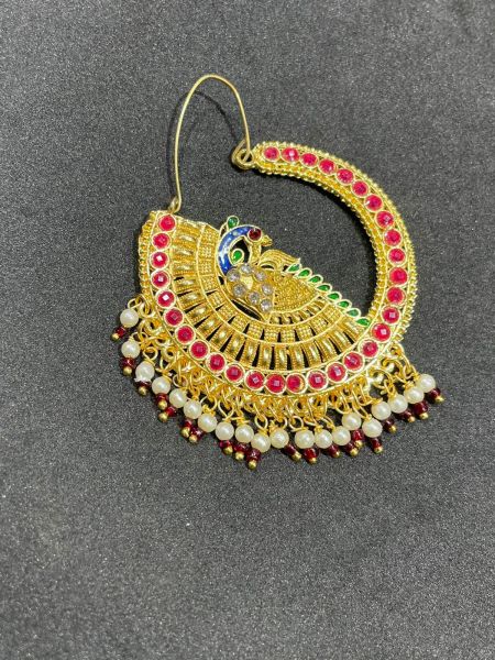 Gold Plated with Pearl Alloy and Artificial stone Nath Nathiya./ Nose Pin Golden red peacock