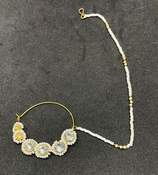 Gold Plated with Pearl Alloy and Artificial stone Nath Nathiya./ Nose Pin White Floral Design