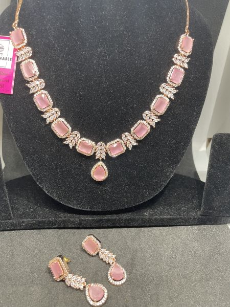 American Diamond pink Necklace Set With Earring