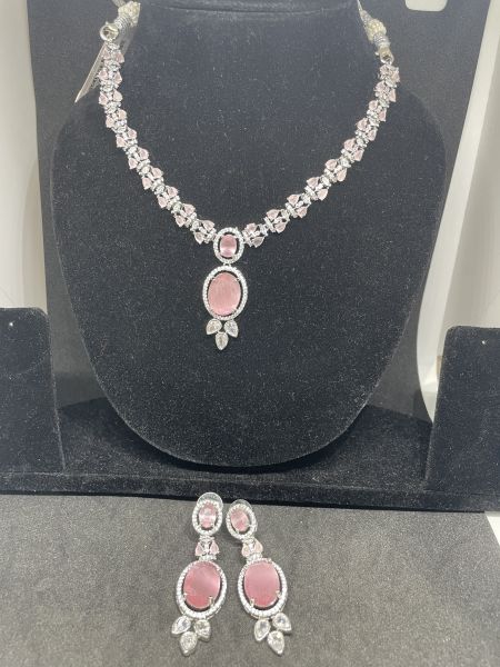 American Diamond silver and pink Necklace Set With Earring