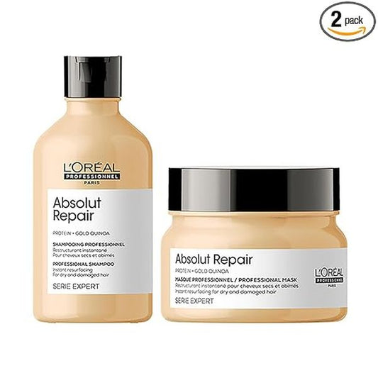 L'Oréal Professionnel Serie Expert Absolut Repair Shampoo 300ml + Masque 250g Combo for Dry & Damaged Hair, with Gold Quinoa & Wheat Protein (Pack of 2)