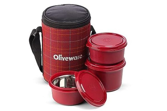 OLIVEWARE Absolute Lunch Box, 100% Leak Proof, 3 Stainless Steel Containers with BPA Free Lids (2 * 600ml & 450ml) - Red