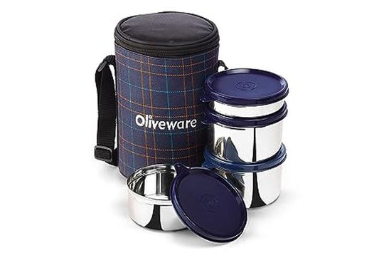 OLIVEWARE Mega Lunch Box with Insulated Fabric Bag, 100% Leak Proof, 4 Stainless Steel Containers & BPA Free (2 600ml, 450ml & 300ml) - Blue