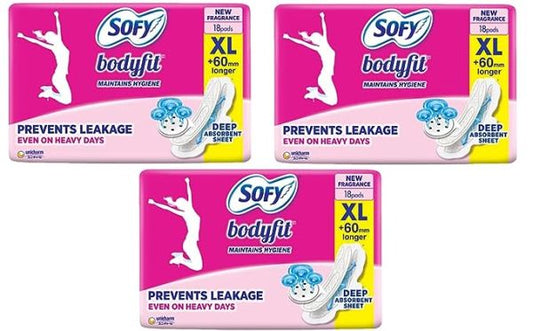 Sofy BodyFit Overnight Extra Large Long Pads Deep Absorbent Sheet Prevent Leakage- (Pack of 3) 54 Pads