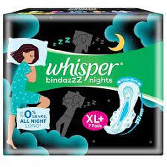 Whisper Bindazzz Night Thin XL+ Sanitary Pads For Upto 0% Leaks-40% Longer With Dry Top Sheet, 7 Pad(7 Pads) (Pack Of 2)