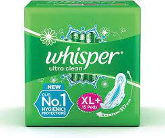 Whisper Sanitary Pads - XL Wings, Ultra Clean, 15 pcs