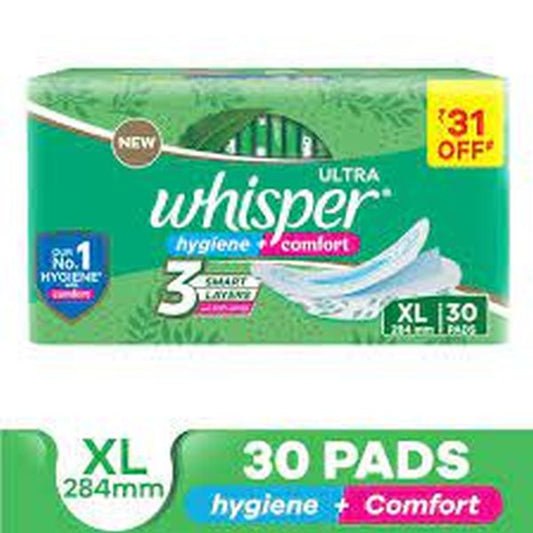 Whisper Sanitary Pads - XL Wings, Ultra Clean, 30 pcs