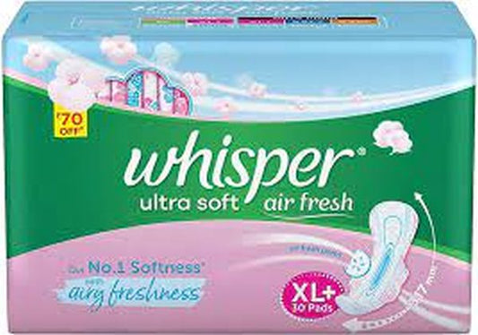 Whisper Ultra Soft Air Fresh Sanitary Pads - With Wider & Longer Back, XL Plus, 30 pcs